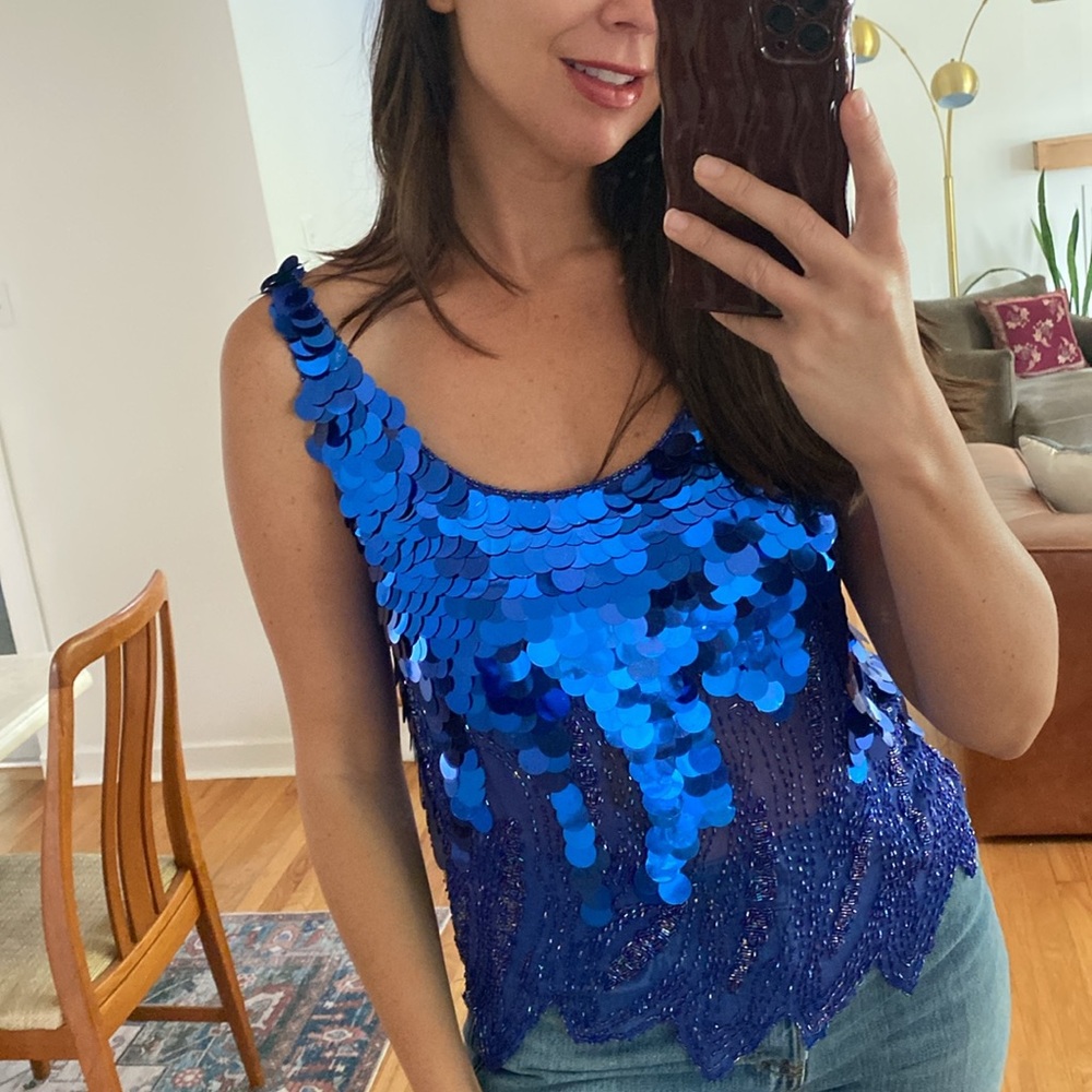 Vintage Blue Sequin Beaded y2k going out top